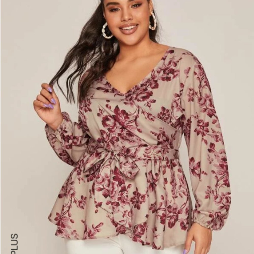 Belted Surplice Front Peplum Blouse